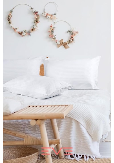 Eve Tekstil  4 Adet Çizgili Pamuk Saten Antibakteriyel Fermuarlı Yıkanabilir Otel Lüks Yastık Kılıfı 50x70cm Beyaz