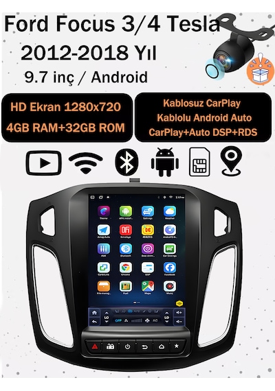 Ford Focus 3/4 2012-2018 9.7 Inç Tesla Tarzı Ekran 4gb Ram 32gb Rom Android 14 Multimedya Navigasyon Kablosuz Carplay 9.7''