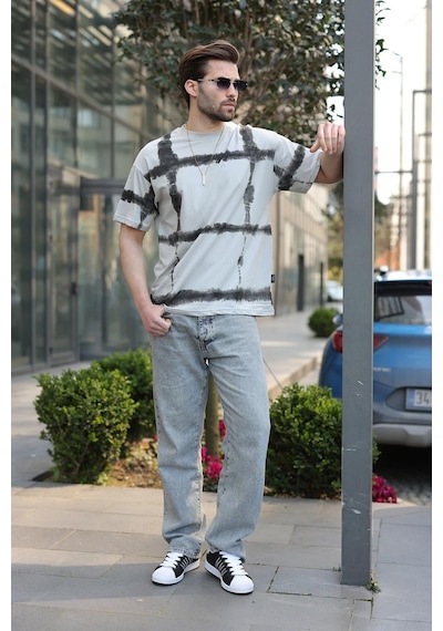Madmext Boyalı Gri Bisiklet Yaka Baskılı Basic Erkek T-shirt E7109