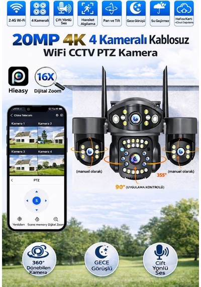 Rx18 Wifi 4 Kameralı Güvenlik Kamerası 20mp Ultra Hd Ptz Hareketli Sesli Gece Görüşlü Akıllı Kamera