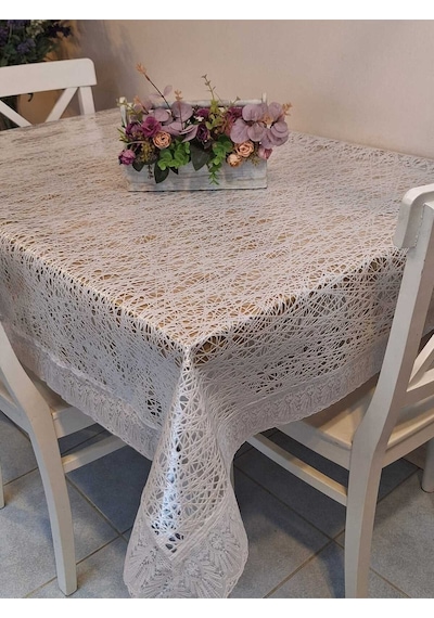 Dantel Kenarlı 120x150 Cm Pvc Muşamba Silinebilir Örümcek Ağı Desenli Masa Örtüsü Beyaz
