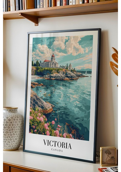Victoria Canada Vintage Seyahat Posteri Çerçeveli Tablo - Premium Parlamento Elit Duvar Dekoru Siyah