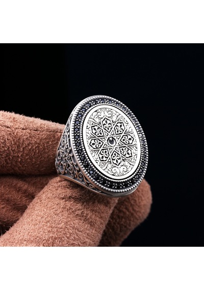925 Ayar Gümüş Ay Yıldız Motifli Kalem İşlemeli Erkek Yüzük Silver