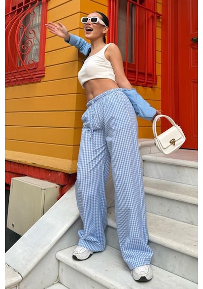 Madmext Mavi Beli Ayarlanabilir Ekoseli Bol Paça Kadın Pantolon Mg2335 Mavi