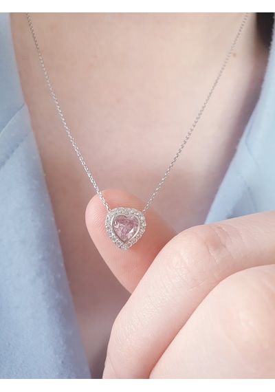 Gümüş Rodyumlu Pırlanta Modeli Pembe Zirkon Taşlı Kalp Kolye