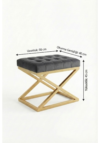 Nexus Babyface Kapitoneli Puf - Gold Metal X Ayaklı Modern Bench 50x40 Cm Antrasit