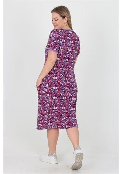 Dip Moda Kadın Bisiklet Yaka Çiçekli Büyük Beden Elbise Dpaysl33 Lila