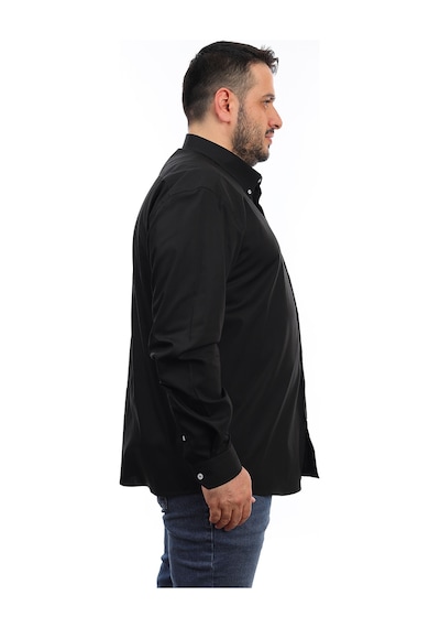 Tousus Erkek Büyük Beden Siyah Pamuk Düğmeli Yaka Cepli Uzun Kol Gömlek