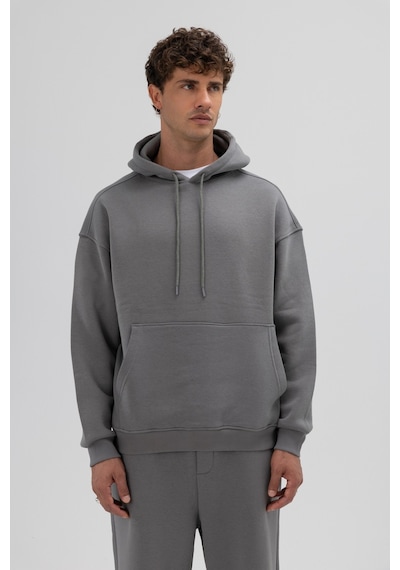 Vamos Basic Oversize Kapüşonlu Sweatshirt Füme