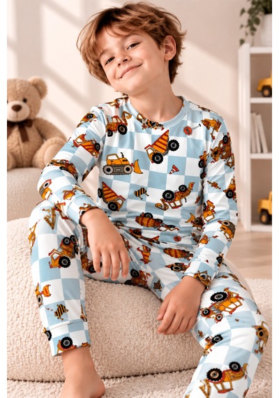 Free Beka Desenli Bisiklet Yaka %100 Pamuklu İnterlok Kumaş Erkek Çocuk Uzun Kollu Pijama Takımı Turkuaz