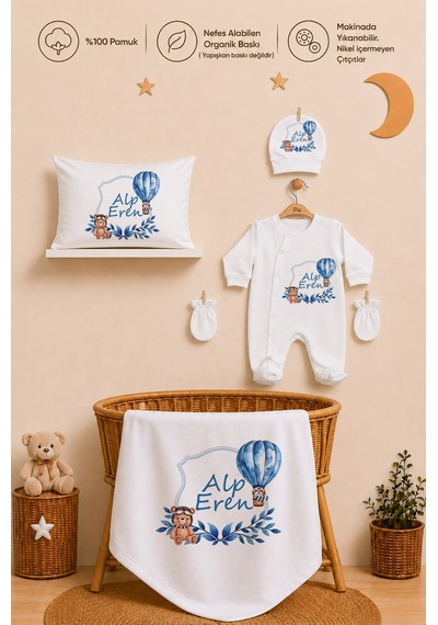 Pia Baby İsme Özel Erkek Bebek Hastane Çıkışı 5 Parça Tulum Seti %100 Pamuk Organik Baskılı 1009tyb3x Ekru
