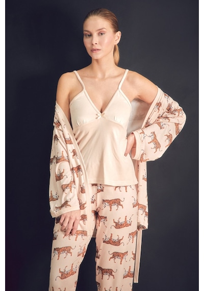Fullamoda Kaplan Desenli V Yaka 3 Lü Pijama Takımı 24mıcg631216523-bej Bej
