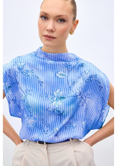 Sateen Kısa Kollu Desenli Bluz - Mavi-137043 Mavi