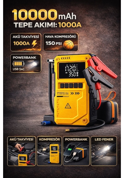 Taşınabilir Araç Akü Takviye Ve Hava Kompresörü 10000mah 150 Psı Jump Starter Powerbank Led