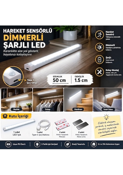 Hareket Sensörlü Led Işık 50 Cm Beyaz Renk
