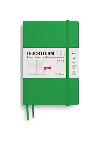 Leuchtturm1917 Çanta Boy B6+ 12 Aylık Hafta Ajandası 2026 Sert Kapak, İngilizce, Spring Leaf372768 Yeşil