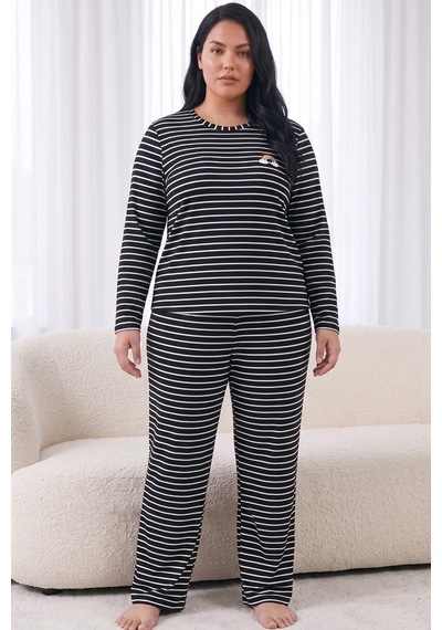 Siyah İnci Büyük Beden Battal Boy Viskon Örme Pijama Takım I26240954 Siyah