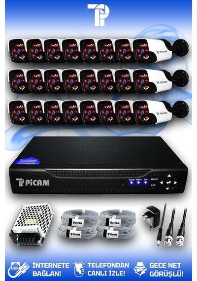 Picam 24 Kameralı Panda 24 Dış Kamera Set HDD'siz Full HD Gece Görüşlü Güvenlik Kamerası Sistemi