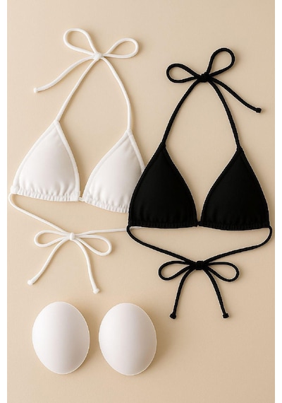 Moda Dua Kadın Siyah Ve Beyaz Minimal Kesim Üçgen Bikini Üstü Çok Renkli