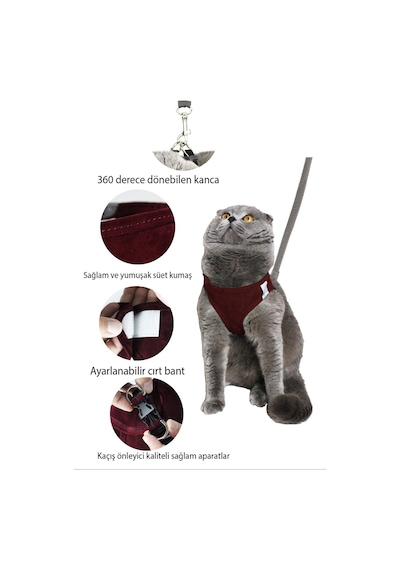 Petköy Kedi Gezdirme Tasması Kedi Tasması Göğüs Tasma Seti Yumuşak Süet Bordo