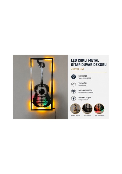 Ahşap Işıklı Duvar Dekoru Manzaralı Gitar 70x30