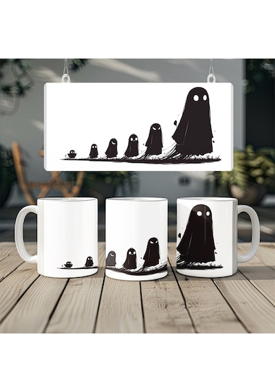 Spooky Ruhlu Hayalet Ailesi Kupa Tatlı Öcü Desenli Bardak - Eğlenceli Cadılar Bayramı Tasarımı Beyaz