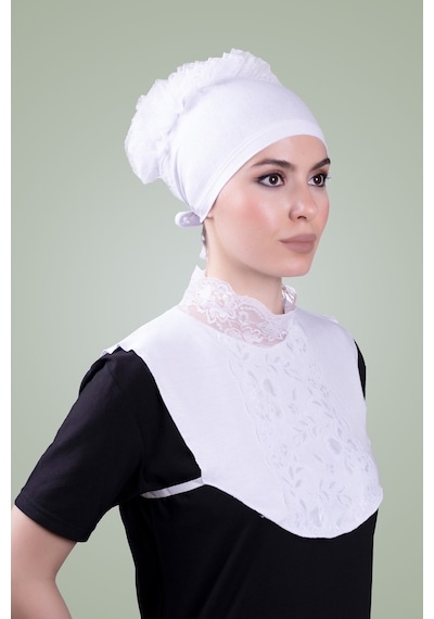 Hürrem Bone Beyaz Arkadan Bağlamalı Tesettür Bone Viskon Kumaş Fırfır Bone 10 Beyaz