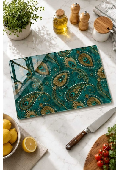 Gökçeoğlu Cam Kesme Tahtası Tavus Kuşu Temalı - Cam Kesme Tablası 20cm X 30cm Çok Renkli