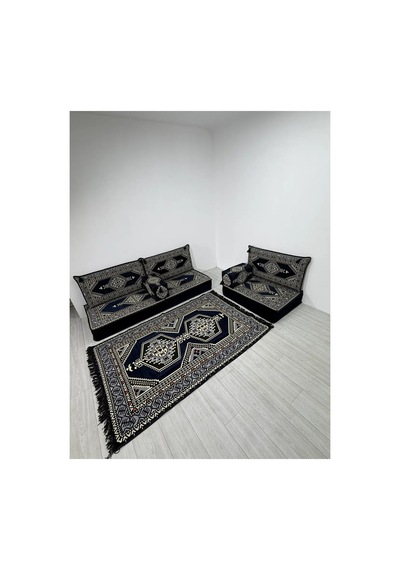 20 Cm Kalınlıklı Şark Köşesi Takımı - 70x190 + 70x95 Lacivert Yahyalı Desenli Minder Seti
