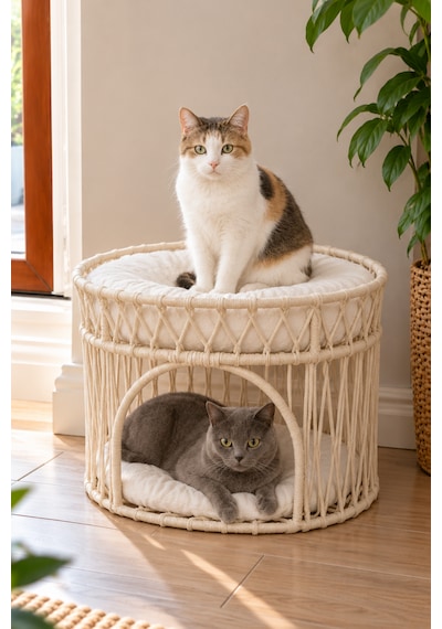 Reyo Tasaryum Çift Katlı Kedi Yatağı Ve Kedi Ranzası, Minderli İskandinav Tasarım Kedi Evi, Örgü Gövdeli Kedi Yuvası Bej