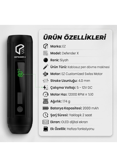 Ez Defender X Black 3.5mm Stroke Kablosuz Dövme Makinesi - Siyah