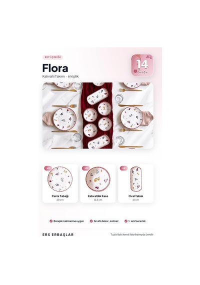 Tr Flora Lüx Seramik 14 Parça 6 Kişilik Kahvaltı Takımı Seti Genel