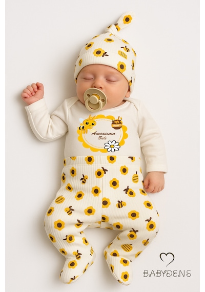 Babyden's Amcasının Balı Baskılı Yenidoğan Bebek Takımı 3 Lü Set Pamuklu Zıbın, Patikli Alt Ve Şapka Unisex Ekru