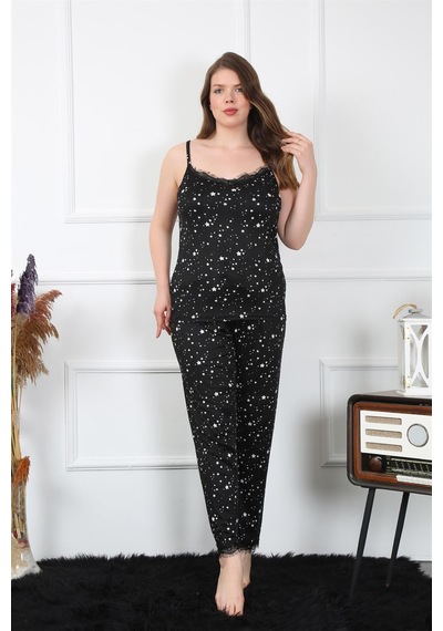 Akbeniz Kadın Büyük Beden Siyah İp Askılı Pijama Takım 202198 Çok Renkli
