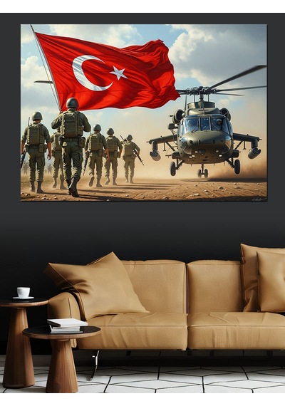Ahşap Tablo Türk Bayraklı Askerler Ve Helikopter