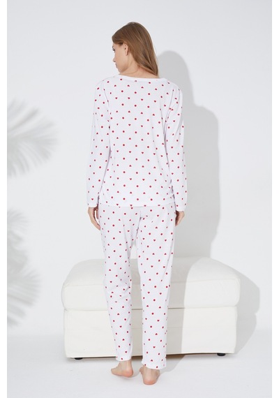 Siyah İnci Puan Desenli Örme Pijama Takım 7792 Beyaz Kırmızı