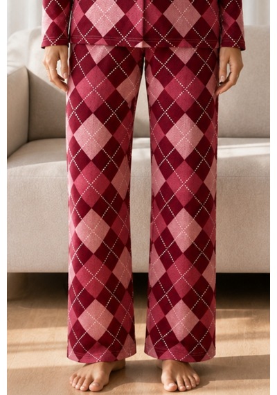 Kadın Desenli Basic Kış Kırmızı Pijama Takımı