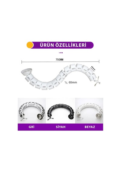 Yuvarlak Kablo Düzenleyici Masa Altı Omurga Kablo Kanalı Beyaz