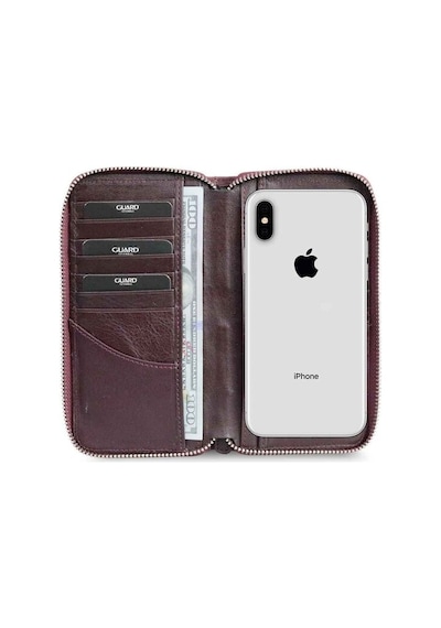 Guard Bordo Kamuflaj Baskılı Hakiki Deri Fermuarlı Cüzdan Erkek / Kadın P3016 Bordo