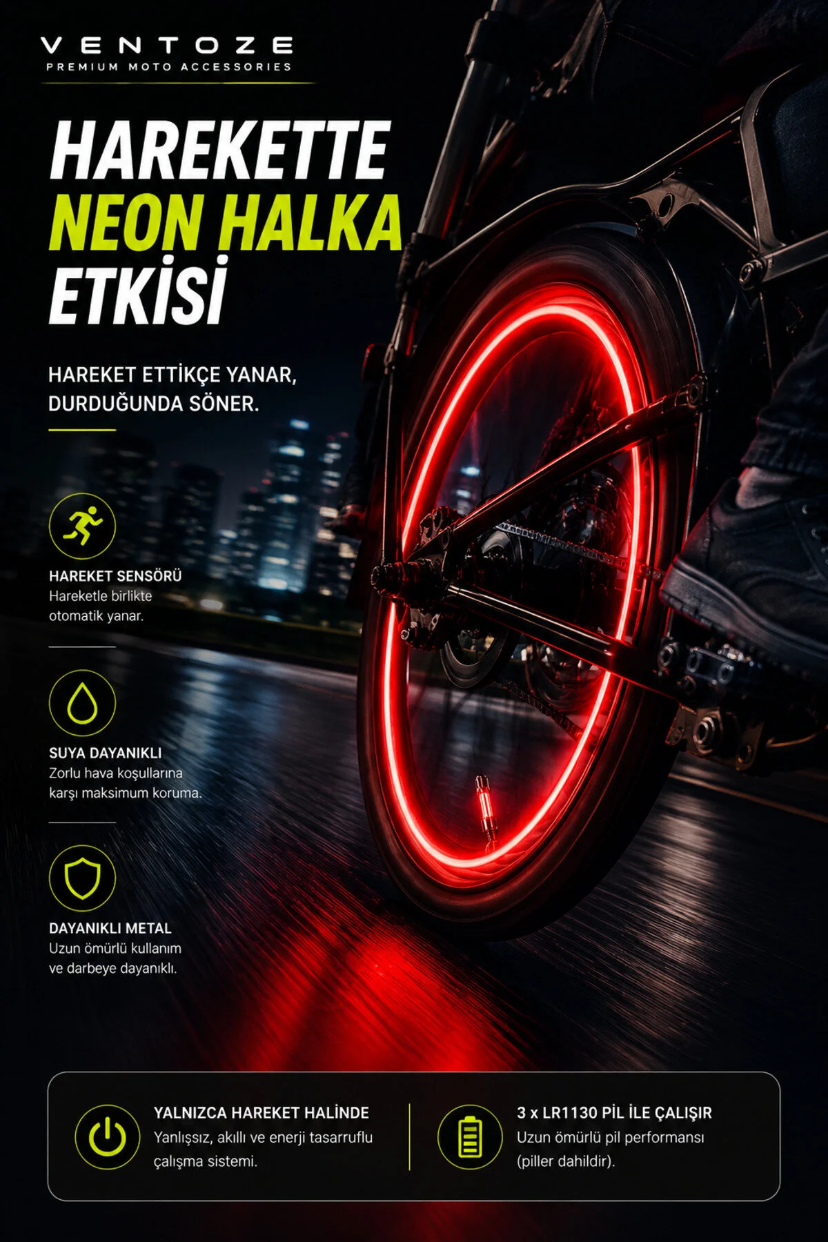 Hareket Sensörlü Ledli Işıklı Sibop Kapağı Araba Motosiklet Bisiklet Neon 2 Adet Çok Renkli