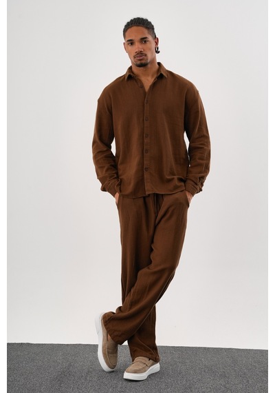 Flare Kışlık Baggy Pantolon Oversize Gömlek Alt Üst Takım %100 Pamuk Kahve