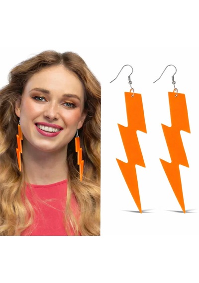 80 Ler 90&amp Apos Lar Retro Neon Turuncu Şimşek Küpe 10 Cm 4801
