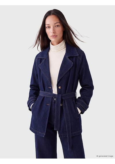 Lcw Everyday İndigo Gömlek Yaka Beli Kuşaklı Kadın Jean Ceket