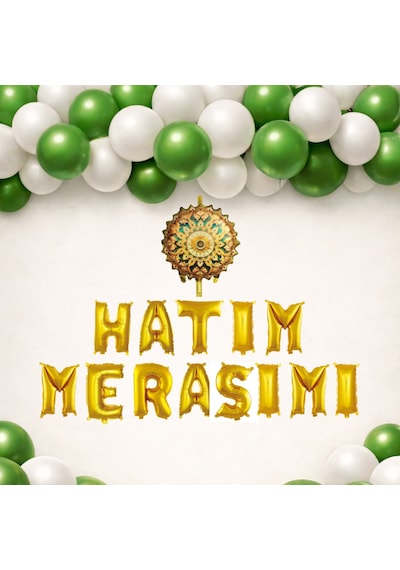 Kuran Hatim Programı Temalı Hatim Merasimi Gold Folyo Harf Yeşil Beyaz Balonlu Hatim Töreni Süsü Altın