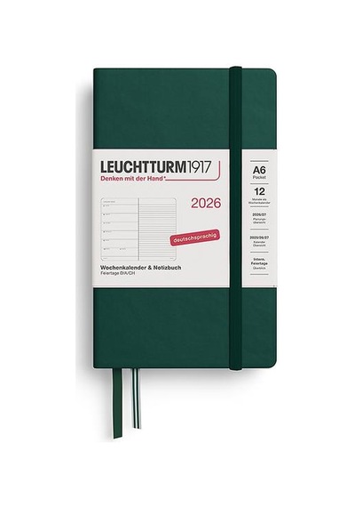 Leuchtturm1917 Cep Boy A6 12 Aylık Ajanda Ve Not Defteri Çizgili 2026 Sert Kapak, İngilizce, Forest Green372668 Yeşil
