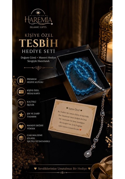 Özel Kutulu Cam Tesbih 33 Lük Kişiye Özel Notlu Hediyelik Mavi Yeşil