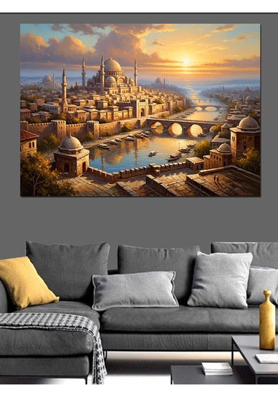 Gün Batımında Antik Şehir Ve Nehir Dekoratif Kanvas - Mdf Ahşap Tablo