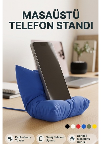 Masaüstü Telefon Standı Yastık Tasarımlı Şarj Girişli Telefon Tutucu Mavi