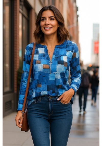 Sidelya Concept Kadın Uzun Kollu Yakadan Fermuarlı Kot Görünüm Desenli Uzun Modal Bluz Mavi Sidelya Concept Kadın Uzun Kollu Yakadan Fermuarlı Kot Görünüm Desenli Uzun Modal Bluz Mavi