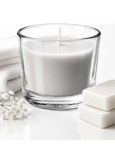 Temiz Çamaşır Kokulu Bardak Mum Beyaz Sabun Aromalı 20 Saat Yanma Beyaz 7,8 6 Cm